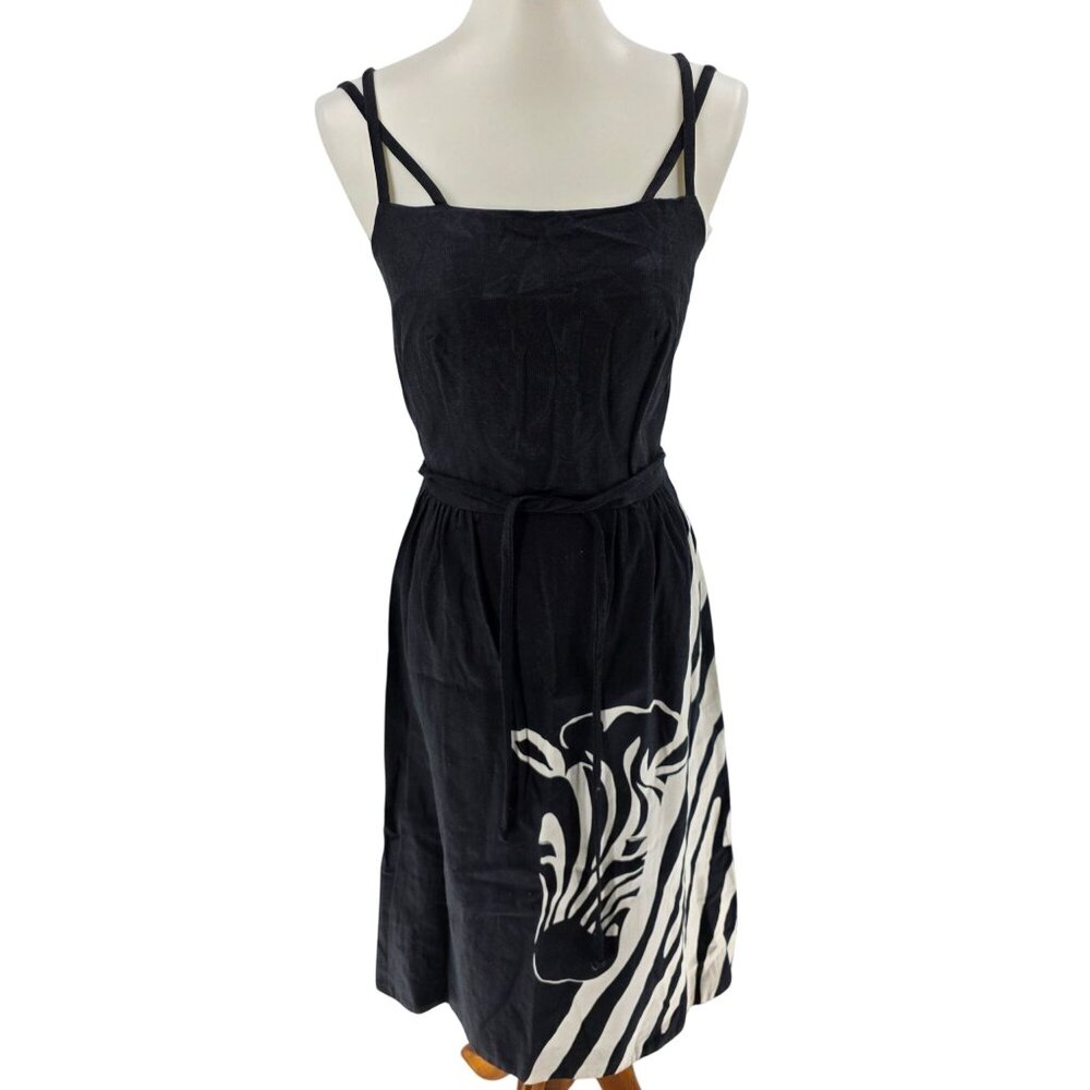 Vintage 1960/1970 Malia Honolulu Black Zebra Print Cotton Sleeveless Dress, 10